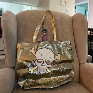 Ed Hardy Gold Skull Tote Bag